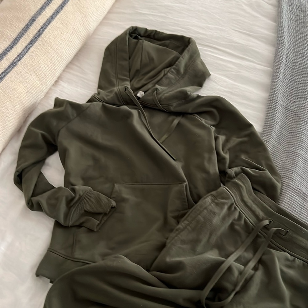 Olive green sweatpants and hoodie